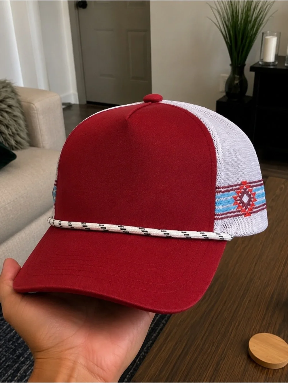 Red Trucker Hat with Aztec Accent